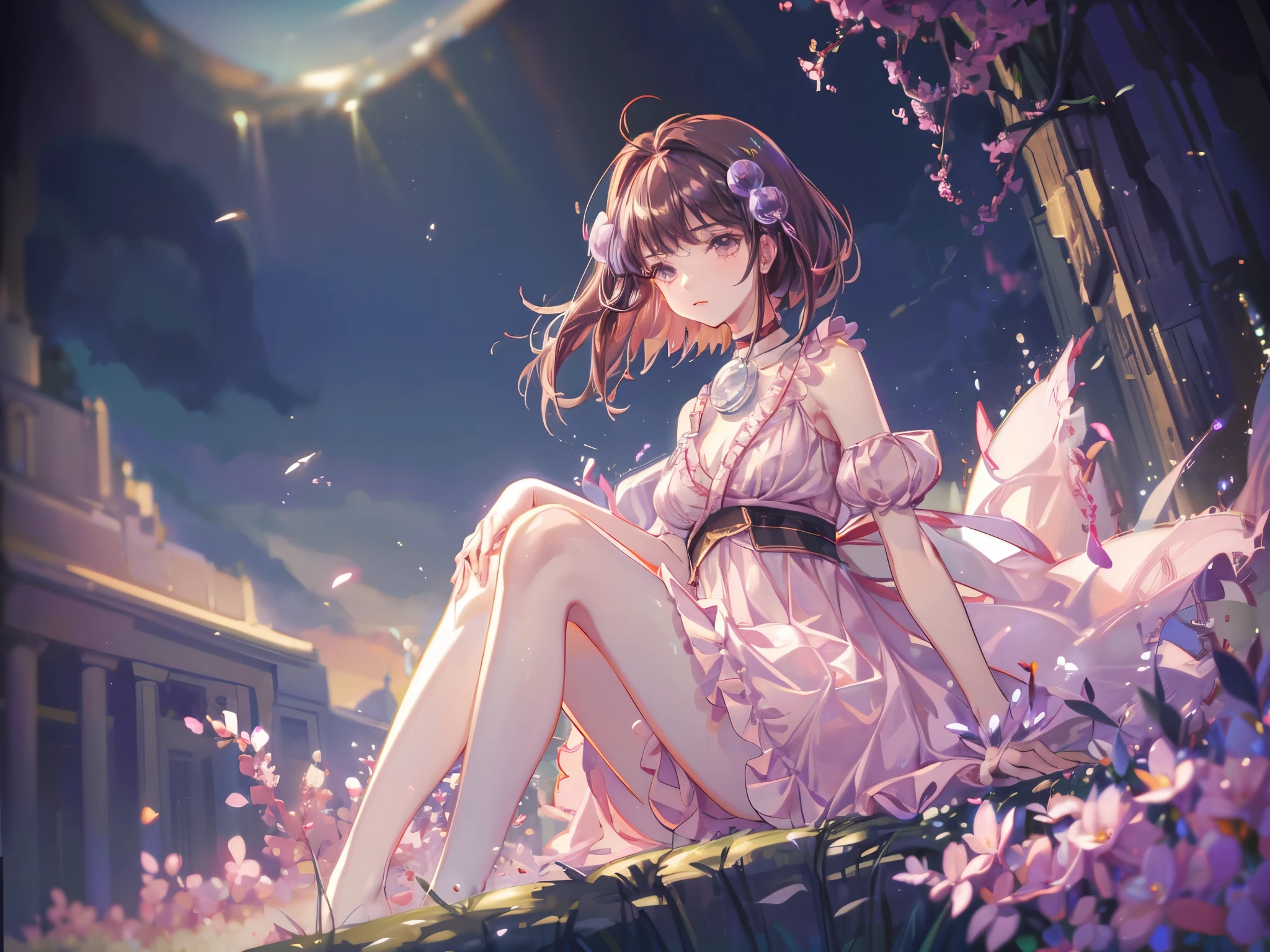 (masterpiece, absurd quality, best quality, official art, beautiful and aesthetic, water color:1.2), (dark:1.5), shiny art,16K, Detailed, curvaceous, (abstract background:1.5), (blurry background:1.5), cinematic lighting, golden ratio, beautiful lighting, Ambient Light, particles of light, Realistic Shadows,Soft Lighting, cute petit girl, extreme detailed, colorful, highest detailed, pastel color, (transform sequence), babyface, cinematic lighting, cowboy shot, looking at viewer, landscape, scenery, scenery, flower field, lipstick, eyelashes, extremely detailed face, pale skin, (perfect legs, perfect hands, perfect anatomy),depth of field, dappled sunlight, beautiful lighting, (solo:1.5), floating hair, floating cloths, ,detailed skin, highest detailed face, light particles, volumetric lighting, intricate details, finely detailed, masterpiece, best quality, (Reala:1.5), (hair ornament:1.2), red choker, (pale pink dress:1.2), (voluminous panniers:1.5), lipstick, shiny skin, shiny hair, shiny face, shiny skin, shiny clothes, abandoned building, dappled sunlight, outstretched arms, from above, renaissance period, religious painting, (from front:1.7), (from below:1.5), closed-up:1.7, large breasts, beautiful breasts, girl around , (sitting, knees up,:1.5), Remains, dutch angle, sparkle background, overgrown, ruins, dynamic angle, translucent clothes,