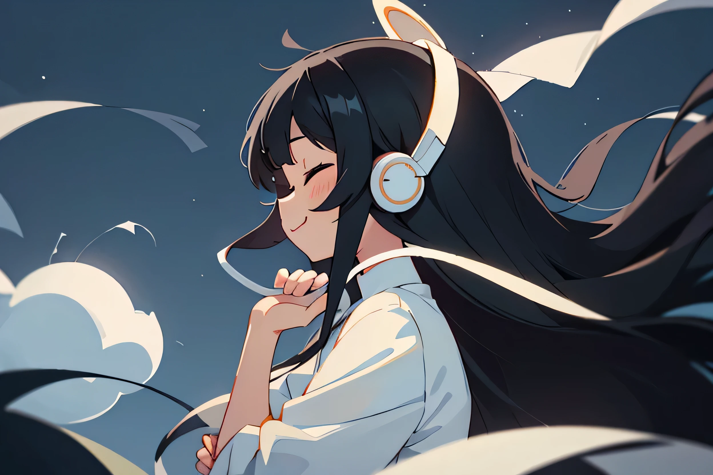 Girl、Long Black Hair、Gentle smile、Eyes closed、Mouth closed、White dress、profile、headphone