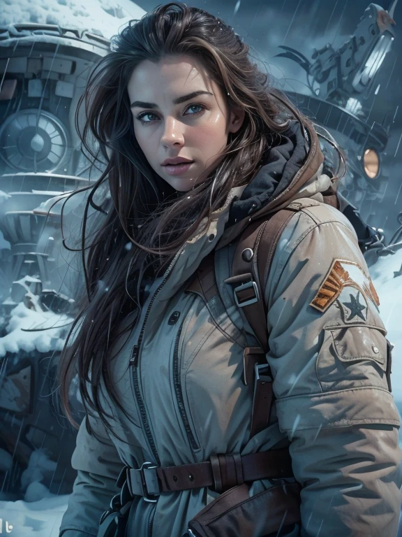 (masterpiece,ultra detailed,8k,photorealistic,cinematic lighting,dramatic lighting),(apocalyptic,snowy winter landscape),(beautiful young woman,23 years old,gorgeous european features,cleavage,long wavy brown hair,intense gaze,elegant pose),(giant futuristic spacecraft,high-tech shuttle,cold icy environment)