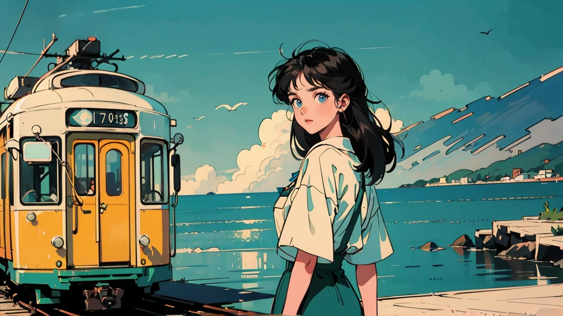 A coastal railway scene with a green and yellow tram stopped at a crossing. Blue sea and sky with white clouds in the background. In the foreground, a 21-year-old girl with long hair in 1980s style, wearing white clothes that beautifully contrast with the blue sky. She's wearing headphones and looking back towards the viewer, standing in front of the tram. The overall color palette has a retro, nostalgic feel.