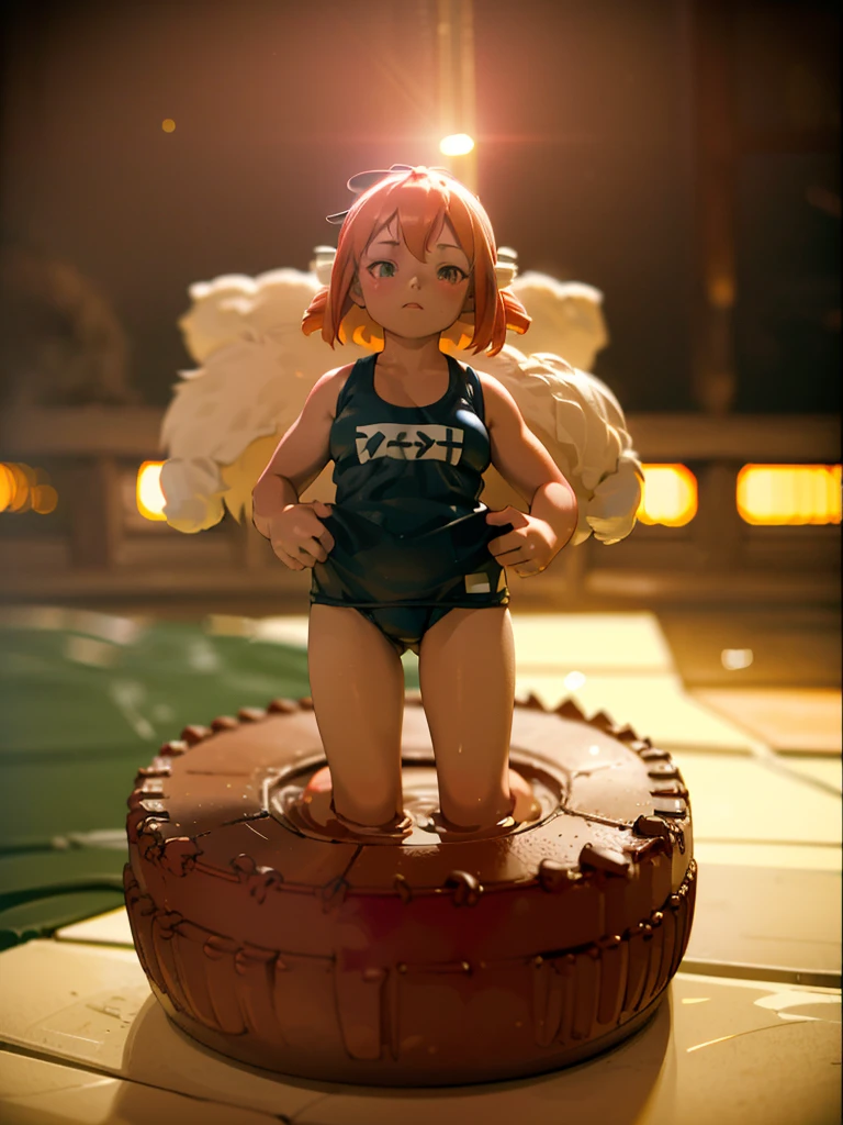 (Sumilux f1.4 50mm , low Latitude old color negative film , cross process , bokeh, flare, chromatic aberration , soft focus, (Shallow focus) , soft glow , Maximum aperture, high Key , Transparent depiction)  , (Dwarf girl , Muscular, short , school swimsuit)