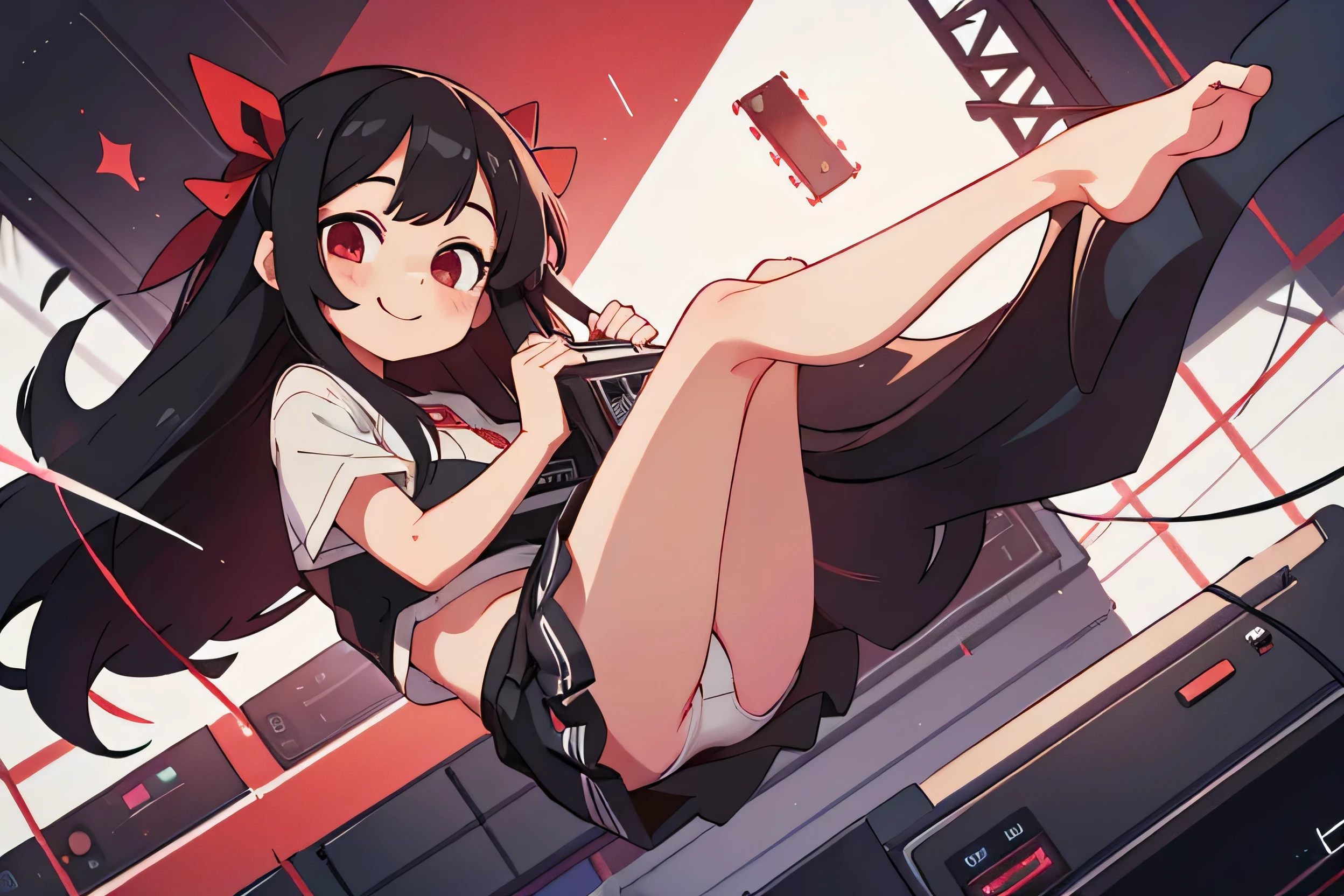 Girl、Long Black Hair、In underwear、Gentle smile、The skirt is rolling up、Playing a synthesizer、Her white lace panties with a red ribbon are visible.