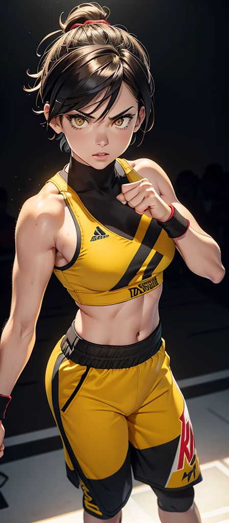 Furious Female boxer lifting the hands in clinch posture, short hair,brown hair, yellow glowing eyes, yellow eyes, short hair wearing boxing gloves, punching the camera, makeup, mascara, sneakers, Lips are subdued or  colors, Minimalism, monotone, simple color palettes, Clean, sharp designs, flowing silhouettes, sports clothes, fighting clothes, high-waisted short,  , shirts, pants and blouses, symmetrical, geometric,Keep your shoulders back and maintain a straight line from your head to your feet, symmetrical frontal view, face aligned, full body overview, fullbody shot, stand