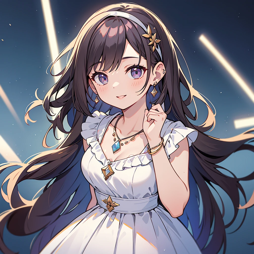 best quality, masterpiece, high resolution, 1 Girl, clear silk porcelain skirt, Pretty Face, Hair accessories, Looking at the audience, Smile, shut your mouth, Lips, skirt, Hair accessories, necklace, Jewelry, Long hair, earrings, Pretty Face, Physically, Tyndall Effect, realism, Dark Studio, Edge lighting, Two-color lighting, (High Detail Skin: 1.2), 8K UHD, Digital SLR Camera, Soft Light, high quality, Volumetric Lighting, photo, high resolution 4K, 8K, Blurred background