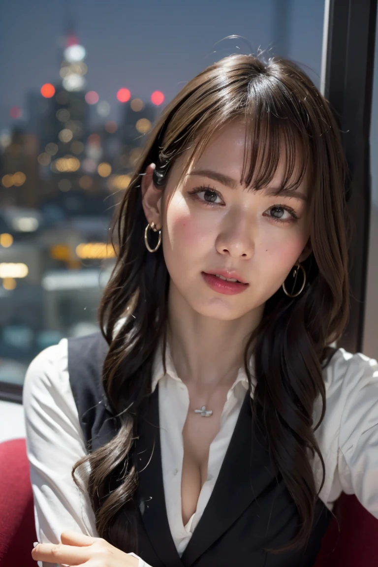((Upper Body))、(masterpiece:1.3), High resolution, Very detailed, Highly detailed CG Unity 8K wallpapers, Realistic, photo-Realistic, RAW Photos, Beautifully detailed face, Pale skin, Realistic glistening skin, Detailed cloth texture, Detailed hair texture, Perfect Style, Beautiful Face, Accurate, Anatomically correct, Very detailed顔と肌の質感, fine grain, Brown eyes, double eyelid, Thin eyebrows, (Droopy eyes:0.65), (Glitter Eyeliner:1.2), Natural Cheeks, Glowing Skin, (Fair skin:1.2), Shiny necklace and earrings, (Glossy Lips: 1.4),
break
(Classy and cute girl:1.3), (High ponytail hairstyles, Wavy Hair, Dark brown hair), (Captivating smile:1.2) (Wear an elegant business suit:1.3), (Black Stockings), Medium large breasts,
break
((Cowboy Shot:1.2)), (Cross-legged sitting pose:1.4), At the train door, ((Night city view:1.2)),
Show off your V-line、