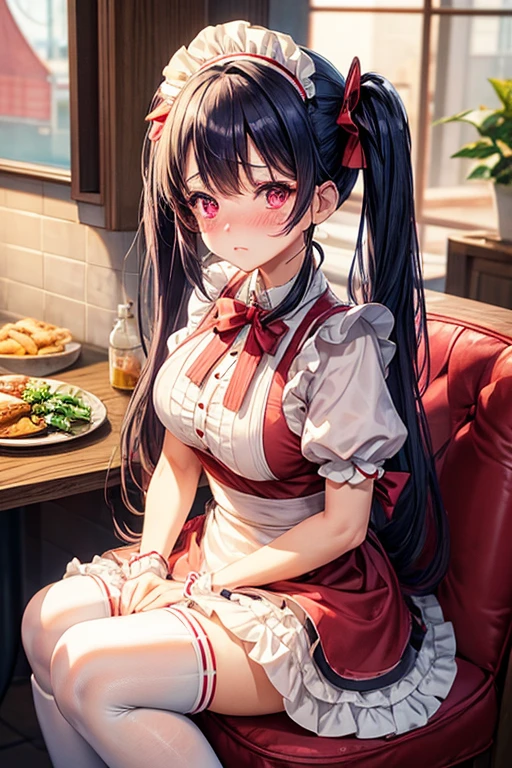 One woman,Cafe Waitress,navy blue_hair,Twin tails,big tail,Red and white ta maid outfit,Deep pink eyes,blush,Embarrassed face,Looking this way
