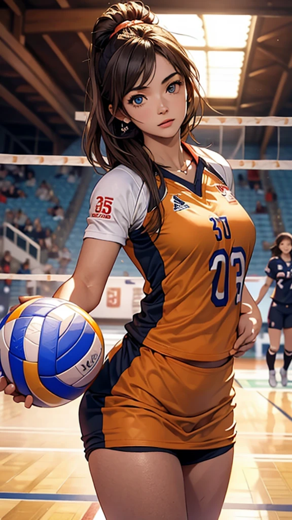 8K quality, high quality, best quality, lightning ((Most beautiful woman ever, delicate eyes, best quality eyes, beautiful eyes, big eyes))(Brown hair, shiny hair, beautiful hair, voluminous hair), (((Japan women's national volleyball team uniform 1.3))), ((Beautiful breasts, slim waist, standing, about to spike a volleyball))Earrings, necklace, bird's-eye view, ((Playing volleyball on a volleyball court))