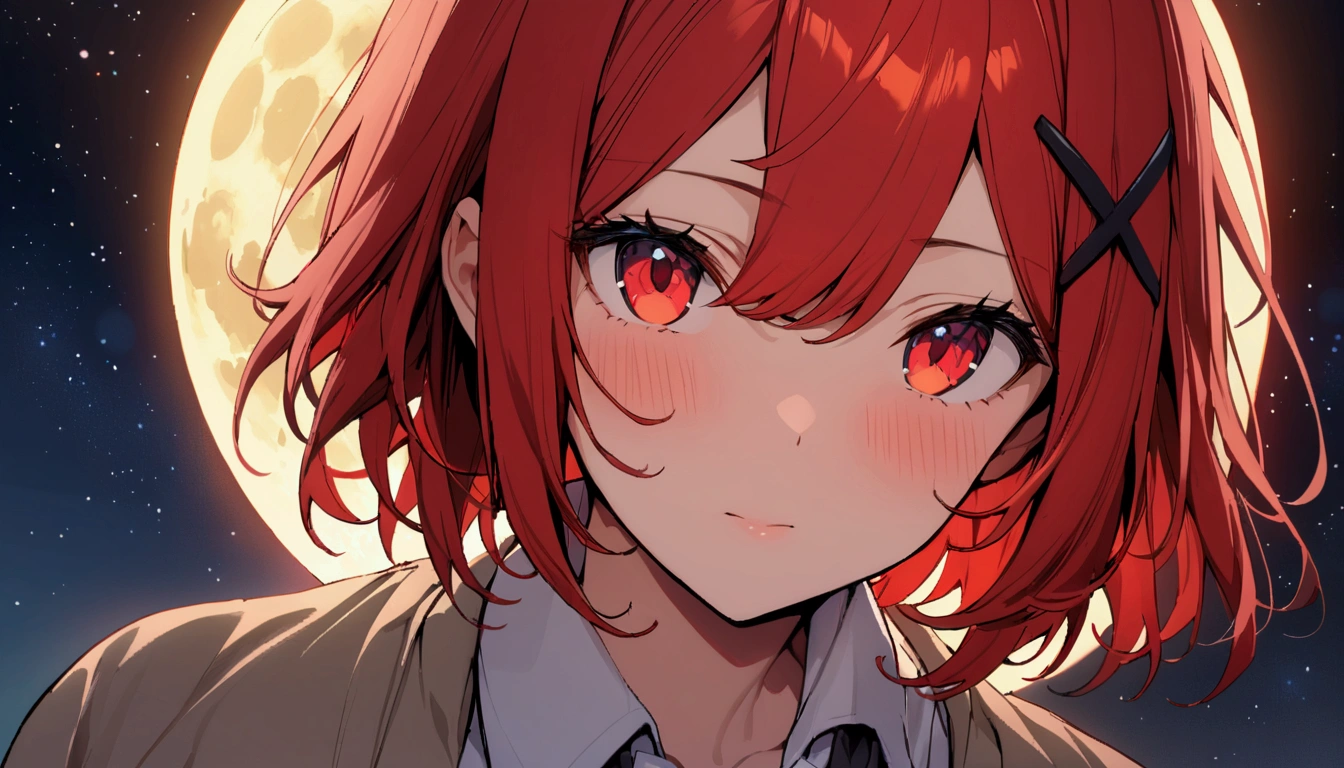 short hair, (Red hair:1.2), x Hair ornament, Red eyes,girl,One person, Collared shirt, Highest quality, masterpiece, High resolution,Angel、Starry Sky、Night Sky、moon、