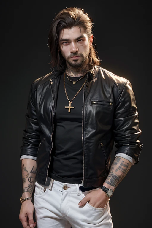 Physical appearance:
kor: approximately 30 years old.
Height and Body: cerca de 1,80 meters, muscular and with several visible tattoos on his arms and neck.
badass clothing: Wears a worn black leather jacket, white undershirt, dark jeans and combat boots. Wear a thick gold chain around your neck.
muka: Hard and serious expression, with cold, piercing eyes. Has a scar on his left cheek. Short, well-trimmed hair, unshaven beard.
Accessories: He wears an expensive watch and has rings on his fingers. Many tattoos are symbols or phrases in Russian, some of them indicating loyalty and honor.