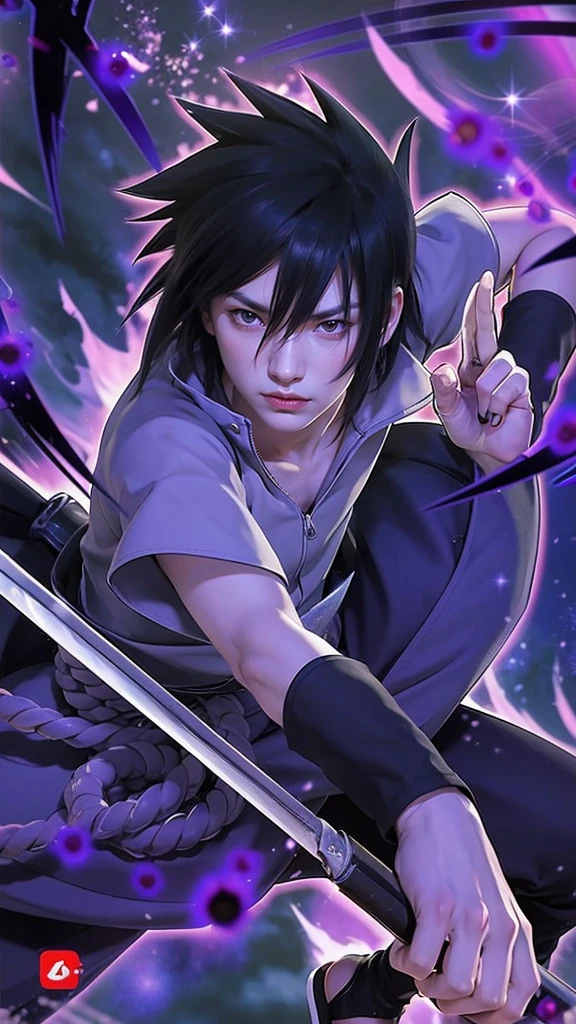 Realistic and detailed Rinnegan on right eye and sharingan on lesft eye, The illustration features a character resembling Sasuke Uchiha with spiky black hair and intense red eyes. He is dressed in a light grey shirt with a high collar, dark pants, and a distinctive purple rope belt tied around his waist. In his right hand, he holds a sword with a gleaming blade, while his left hand forms a precise hand sign. The background is dark, filled with swirling purple and black energy, creating an ominous and powerful atmosphere. Glowing purple orbs and sparkles float around the character, adding a mystical touch. His expression is serious and focused, capturing his determined demeanor. In the bottom right corner, a red and white logo with Japanese characters adds a finishing touch to the scene, emphasizing its authenticity.