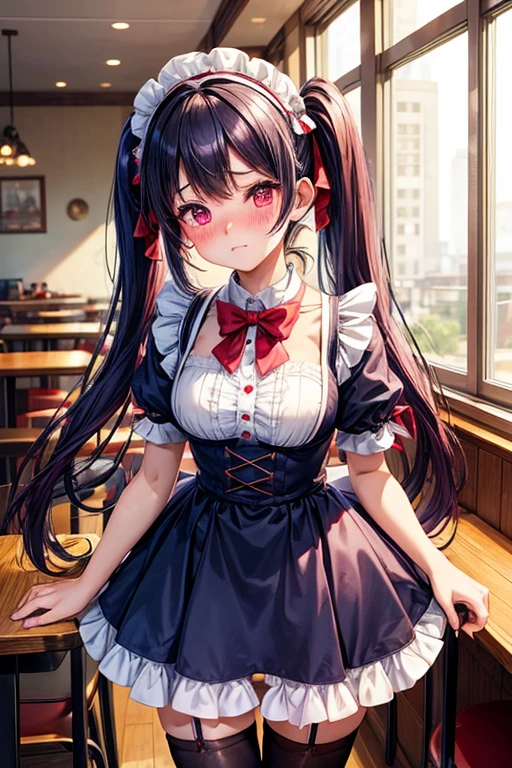 One woman,Cafe Waitress,navy blue_hair,Twin tails,big tail,Red and white lolita maid outfit,Deep pink eyes,blush,Embarrassed face,Looking this way