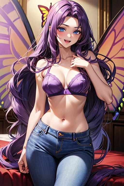 (((Crimson bra))), Very detailed、highest quality、Best image quality、masterpiece、8k、Anime Face、A kind smile、Open Mouth、(purple long hair:1.5)、big breast, sexy、 beautiful body 、Cowboy Shot, Sexual Intercourse, ((blue eyes)), hotel bedroom, (((Jeans))),(((butterfly wings))