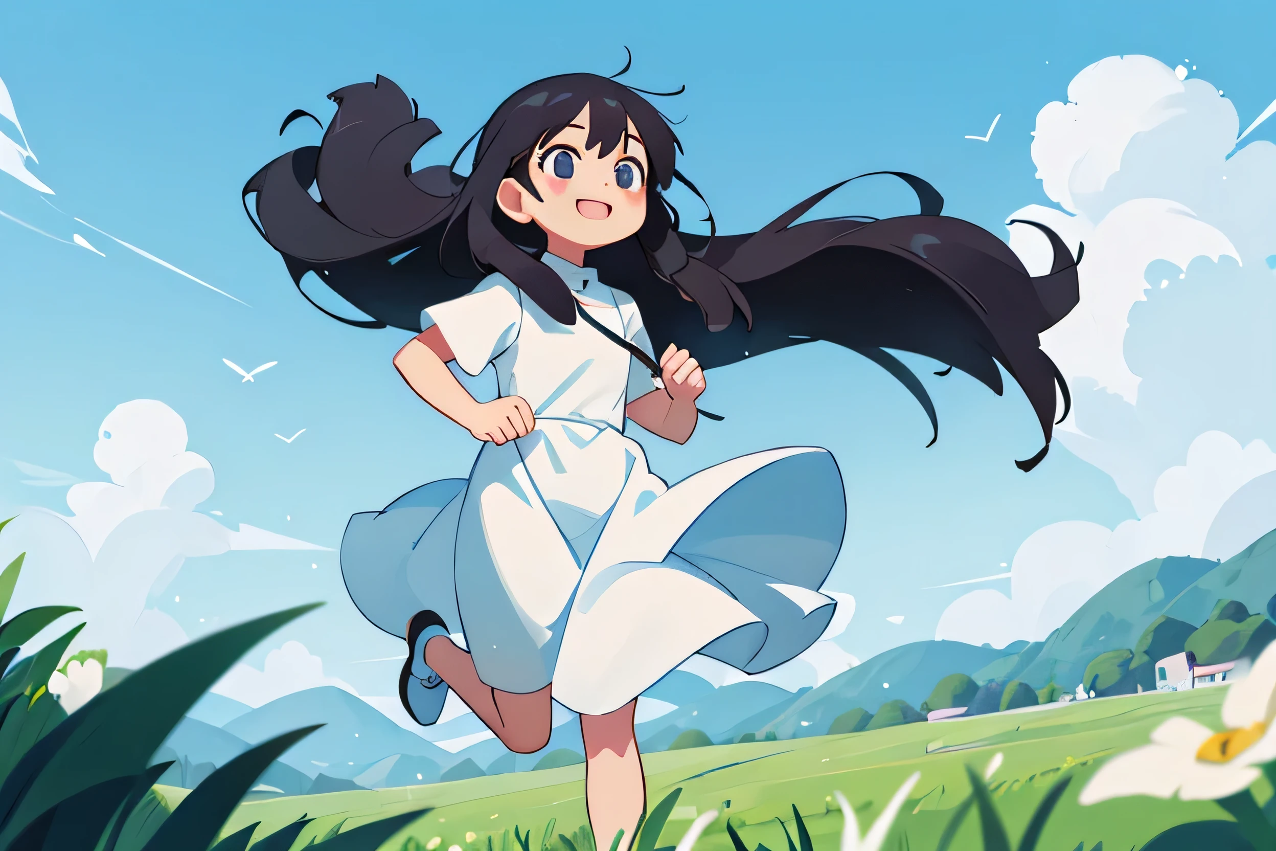 Girl、Long Black Hair、Gentle smile、White dress、grassland、running、blue sky