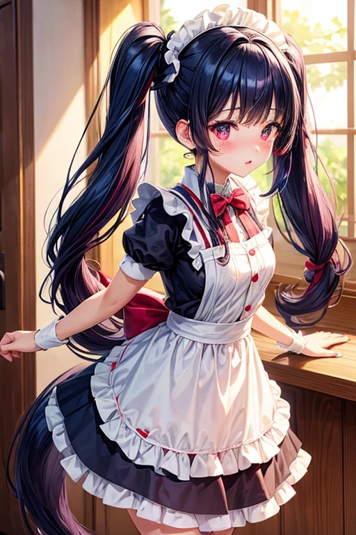 One woman,Cafe Waitress,navy blue_hair,Twin tails,big tail,Red and white lolita maid outfit,Deep pink eyes,blush,Looking this way