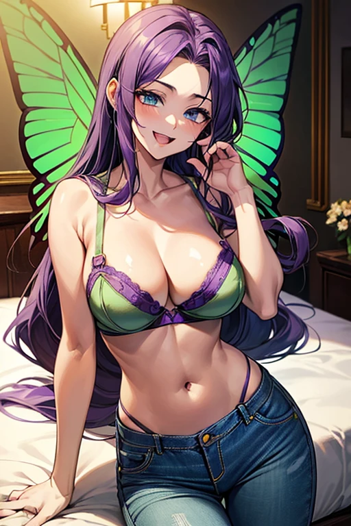 (((green bra))), Very detailed、highest quality、Best image quality、masterpiece、8k、Anime Face、A kind smile、Open Mouth、(purple long hair:1.5)、big breast, sexy、 beautiful body 、Cowboy Shot, Sexual Intercourse, ((blue eyes)), hotel bedroom, (((Jeans))),(((butterfly wings))