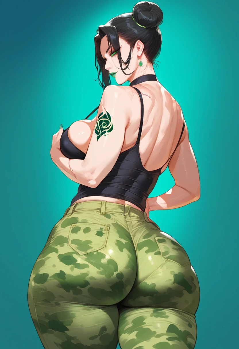 mixed_artwork style, 1 girl, standing alone, hands, beautiful woman, Asian, thick, Large woman, double bun hair, black hair with green tips, chubby, defined body, strong abdomen, strong legs, green tattoos on her arm Light green eyes, green lipstick, green camouflage pants, scar on the left eye, , Black blouse, cleade hips, realistic, textures, 8K, perfect hand, perfect anatomy, visible curves, Breasts, Viebehind, ass