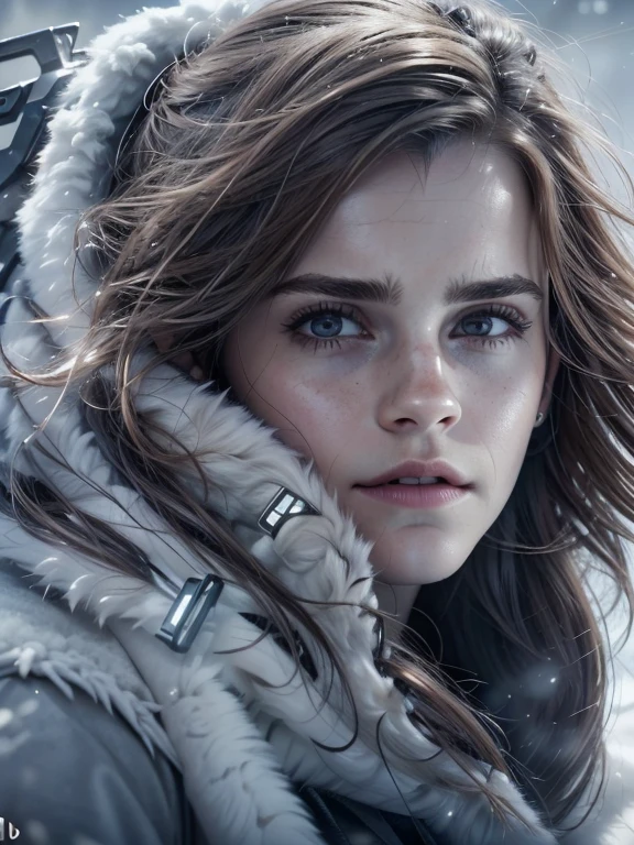 (emma watson, detailed,8k,photorealistic,cinematic lighting,dramatic lighting),(apocalyptic,snowy winter landscape),(beautiful young woman,23 years old,gorgeous european features,cleavage,long wavy brown hair,intense gaze,elegant pose),(giant futuristic spacecraft,high-tech shuttle,cold icy environment)