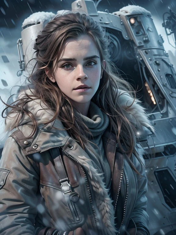 (emma watson, detailed,8k,photorealistic,cinematic lighting,dramatic lighting),(apocalyptic,snowy winter landscape),(beautiful young woman,23 years old,gorgeous european features,cleavage,long wavy brown hair,intense gaze,elegant pose),(giant futuristic spacecraft,high-tech shuttle,cold icy environment)