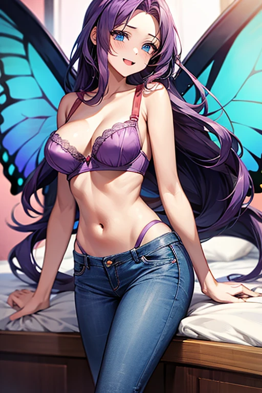 ((((red bra)))), Very detailed、highest quality、Best image quality、masterpiece、8k、Anime Face、A kind smile、Open Mouth、(purple long hair:1.5)、big breast, sexy、 beautiful body 、Cowboy Shot, Sexual Intercourse, ((blue eyes)), hotel bedroom, (((Jeans))),(((butterfly wings))