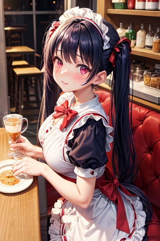 One woman,Cafe Waitress,navy blue_hair,Twin tails,big tail,Red and white ta maid outfit,Deep pink eyes,blush,Looking this way