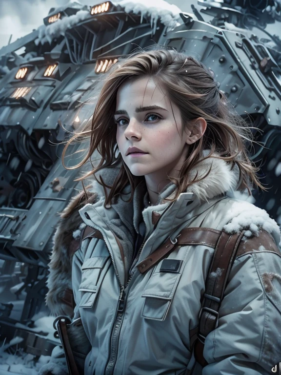 (emma watson, detailed,8k,photorealistic,cinematic lighting,dramatic lighting),(apocalyptic,snowy winter landscape),(beautiful young woman,23 years old,gorgeous european features,cleavage,long wavy brown hair,intense gaze,elegant pose),(giant futuristic spacecraft,high-tech shuttle,cold icy environment)