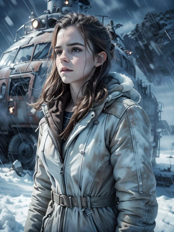 (emma watson, detailed,8k,photorealistic,cinematic lighting,dramatic lighting),(apocalyptic,snowy winter landscape),(beautiful young woman,23 years old,gorgeous european features,cleavage,long wavy brown hair,intense gaze,elegant pose),(giant futuristic spacecraft,high-tech shuttle,cold icy environment)