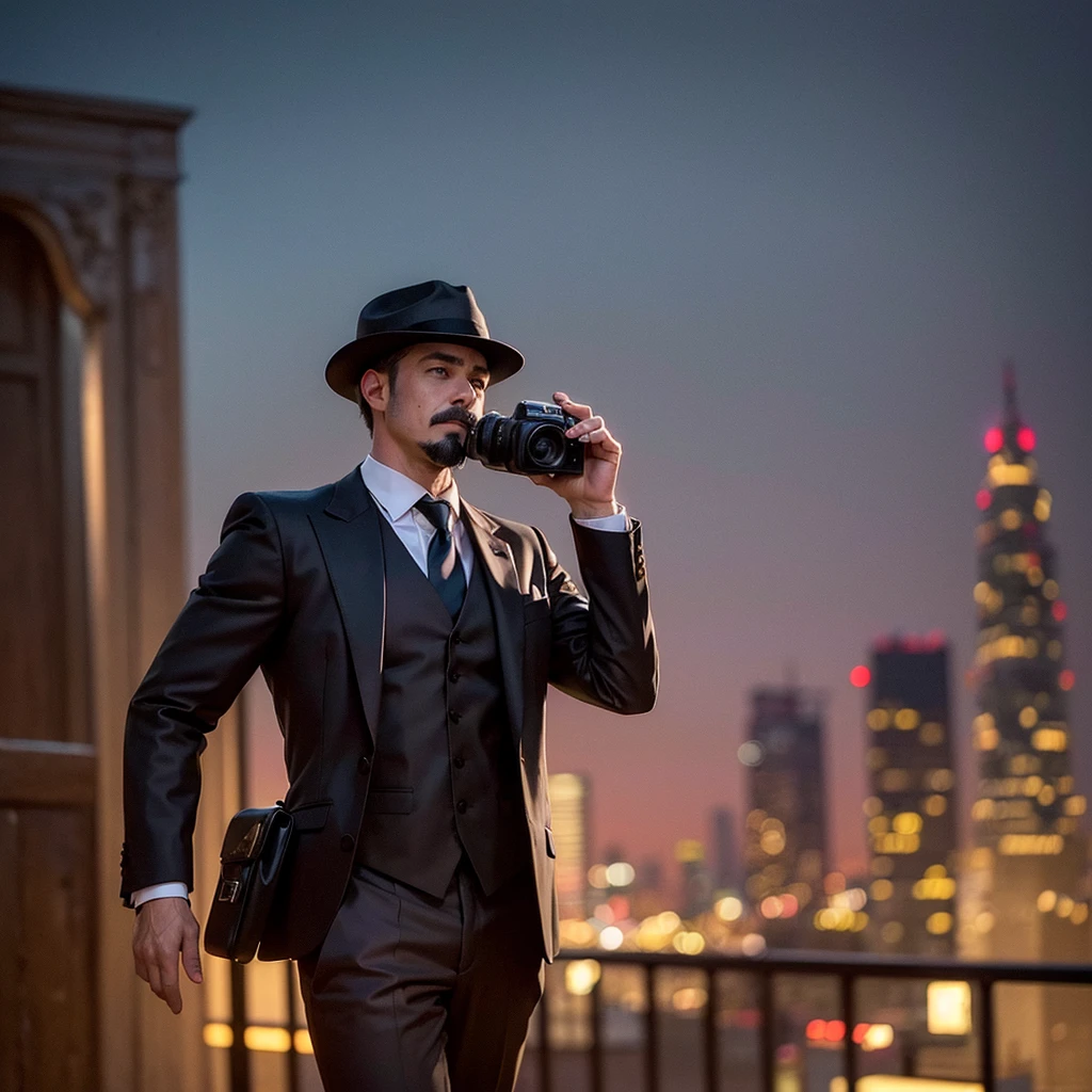 a young photographer in the 90s, wearing a suit and hat, with a mustache and goatee, in a city in Spain at night, with dark blonde hair, detailed face, ultra-detailed, photorealistic, dramatic lighting, cinematic, moody, atmospheric, beautiful city skyline, night scene, (best quality,8k,highres,masterpiece:1.2),ultra-detailed,(realistic,photorealistic,photo-realistic:1.37)