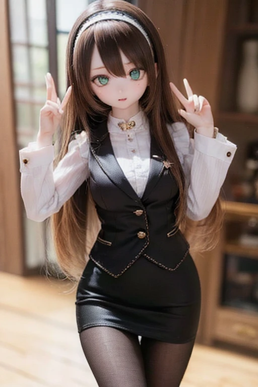 (SFW:2), photorealistic, realistic photo, 8k, ((highest quality)), ((masterpiece)), (extremely detailed), kukolnydom, doll, (mature woman, 21yo, 21 years old, solo:1.6), ((cowboy shot, stylish pose, slim, slender, skinny, medium breasts, hairband, ascot, vest, business jacket, pencil skirt, black pantyhose)), (green eyes, brown hair, long hair, plastic skin, looking at another, glass eyes, gradient eyes, shining eyes, detailed eyes:1.3)
