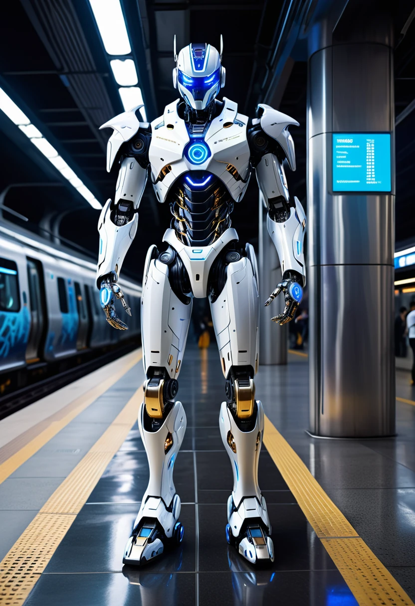 An advanced humanoid robot with a sleek silver exterior, blue and white lighting, and gold accents, standing confidently in the middle of a futuristic city subway station. The robot's design is modern, sophisticated, and imposing, featuring a helmet with blue illuminated eyes and highly detailed hands with hand claws that emit blue light. The robot also has large wings that contribute to its imposing presence. The urban backdrop is vibrant with blue and purple neon lights, showcasing an advanced and clean technological environment. The setting is a high-tech metropolis at dusk, with sleek buildings and advanced vehicles. Full-body view, showing the robot from head to toe, standing on the subway platform. The scene includes commuters waiting, digital schedule boards, and the movement of sleek, advanced trains.