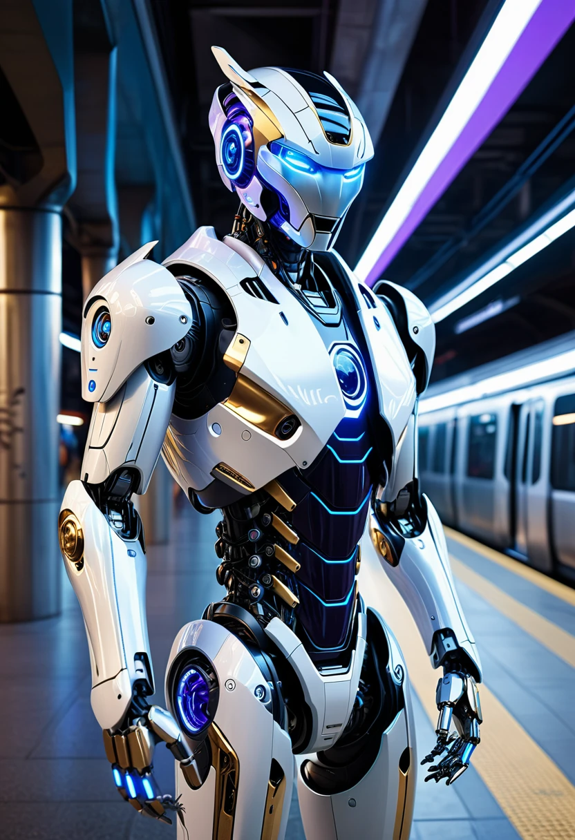 An advanced humanoid robot with a sleek silver exterior, blue and white lighting, and gold accents, standing confidently in the middle of a futuristic city subway station. The robot's design is modern, sophisticated, and imposing, featuring a helmet with blue illuminated eyes and highly detailed hands with hand claws that emit blue light. The robot also has large wings that contribute to its imposing presence. The urban backdrop is vibrant with blue and purple neon lights, showcasing an advanced and clean technological environment. The setting is a high-tech metropolis at dusk, with sleek buildings and advanced vehicles. Full-body view, showing the robot from head to toe, standing on the subway platform. The scene includes commuters waiting, digital schedule boards, and the movement of sleek, advanced trains.