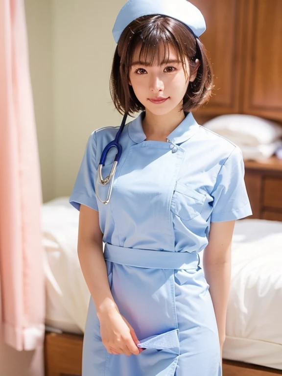 girl,alone, Shortcuts, bangs, Upstyle, Black Hair, nurse, Perfect Anatomy, nurse uniform, ((Nurse cap)), ((White costume)), Long skirt, hospital, (Close-up), 