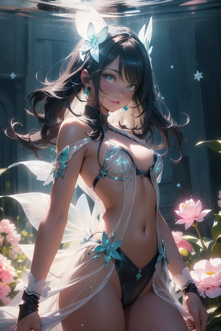 Une jeune femme danse sous les étoiles dans une forêt enchantée, son visage illuminé par la lumière de la lune. Elle porte une robe fluide qui semble flotter autour d'elle. Le fond est parsemé de lumières scintillantes et de couleurs vives rappelant les effets visuels d'une soirée techno. Son expression est pleine de joie et de liberté, capturant l'essence d'une nuit magique, gros plan sur le visage