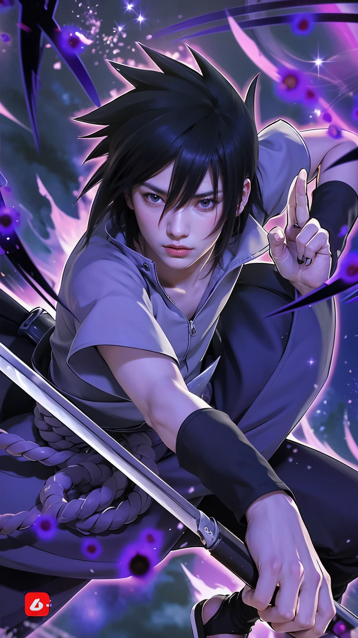 Realistic and detailed Rinnegan on right eye and sharingan on lesft eye,  The illustration features a character resembling Sasuke Uchiha with spiky black hair and intense red eyes. He is dressed in a light grey shirt with a high collar, dark pants, and a distinctive purple rope belt tied around his waist. In his right hand, he holds a sword with a gleaming blade, while his left hand forms a precise hand sign. The background is dark, filled with swirling purple and black energy, creating an ominous and powerful atmosphere. Glowing purple orbs and sparkles float around the character, adding a mystical touch. His expression is serious and focused, capturing his determined demeanor. In the bottom right corner, a red and white logo with Japanese characters adds a finishing touch to the scene, emphasizing its authenticity.