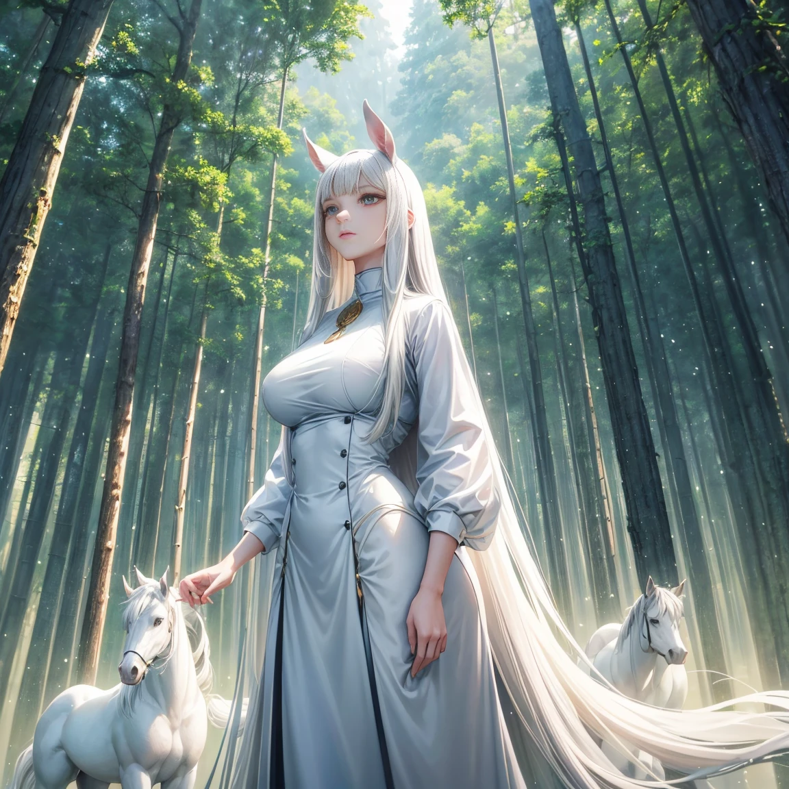 Create a surreal image of a beautiful woman with long straight hair, standing in a forest with tall, evenly spaced trees. The woman should have the body of a white horse, like a centaur. She is wearing a white shirt, blending seamlessly with her horse body. The lighting should be soft and natural, enhancing the serene and mystical atmosphere of the forest.