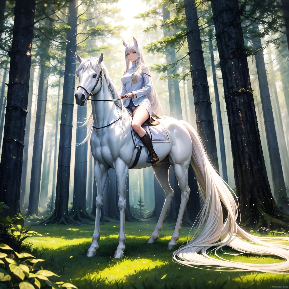 Create a surreal image of a beautiful woman with long straight hair, standing in a forest with tall, evenly spaced trees. The woman should have the body of a white horse, like a centaur. She is wearing a white shirt, blending seamlessly with her horse body. The lighting should be soft and natural, enhancing the serene and mystical atmosphere of the forest.