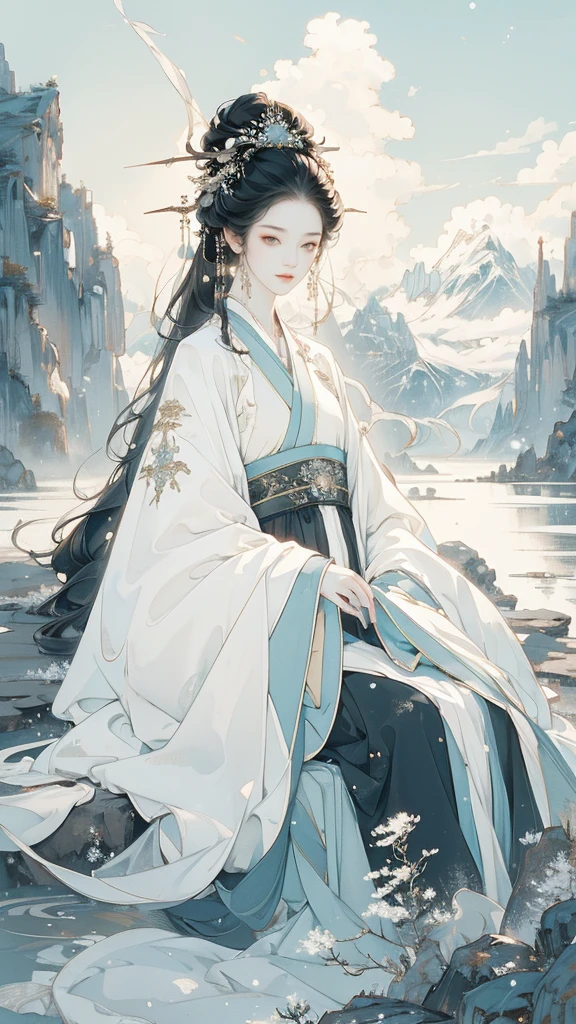 Masterpiece, best quality, 4k, absurd, simple background, 1 boy, (solo), (Hanfu), long skirt, white, sitting by the river, central composition, white decoration, black hair, dreamy, (cute face), chest, sky background, (long hair), pond, distant mountain, Li Hui, front, (looking at the audience), central composition, half, dreaming, fantasy, close-up, (sky), outdoor, long eyes, No excess, no ribbons, blurry background, (no hair accessories), lighting, lighting, sunlight, lighting effects, CG digital rendering,negative_hand, snow