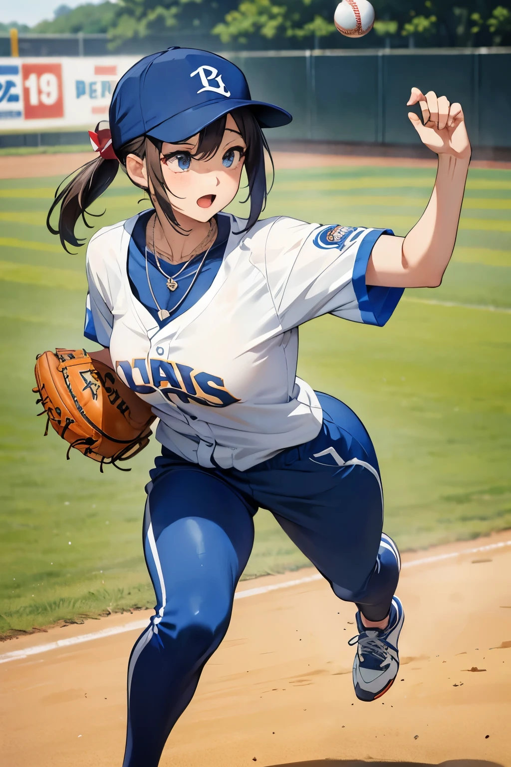 baseball、Beautiful mature woman、Go around the base、Run、throw a ball、Adorable expression、cute、necklace