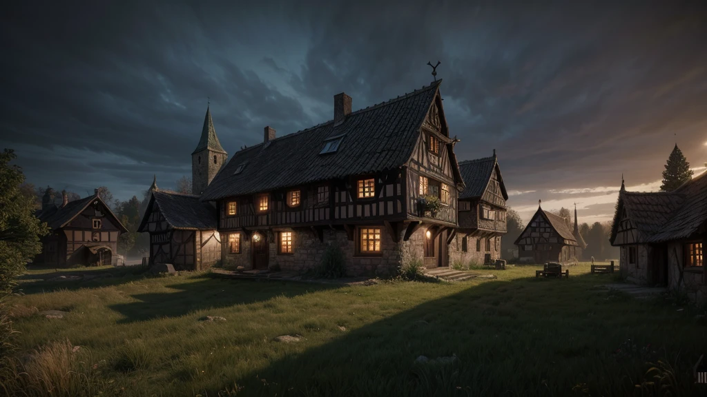 (((medieval style))), scary village illustration, Bill Henson, Germany, detailed graphics, Unreal 5 resolution