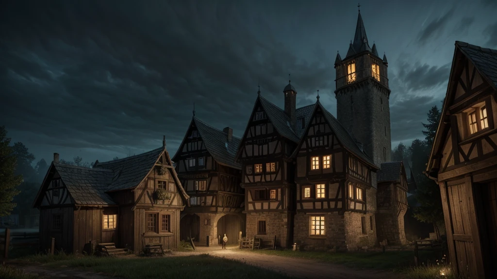 (((medieval style))), scary village illustration, Bill Henson, Germany, detailed graphics, Unreal 5 resolution
