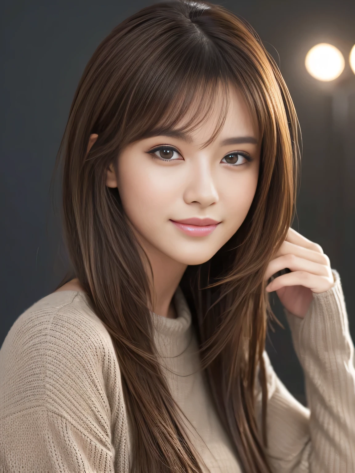 masterpiece, best quality, ultra-detailed, intricately detailed hyperdetailed, realistic, sharp features, highly detailed, sharp focus, Realistic, Photorealistic:1.3, (19 years old:1.3), perfect face, perfect symmetrically eyes, perfect full lips, hyper detailed, hyper realistic, high resolution, Fashion Model, Japanese Idol, Slender, brown hair, Stylish, model poses, Beautiful Face, light brown hair, messy hair, Beautiful hairstyle, (seductive smile:1.2), (looking at viewer), cinematic lighting, grey background, (Black knit:1.2), portrait