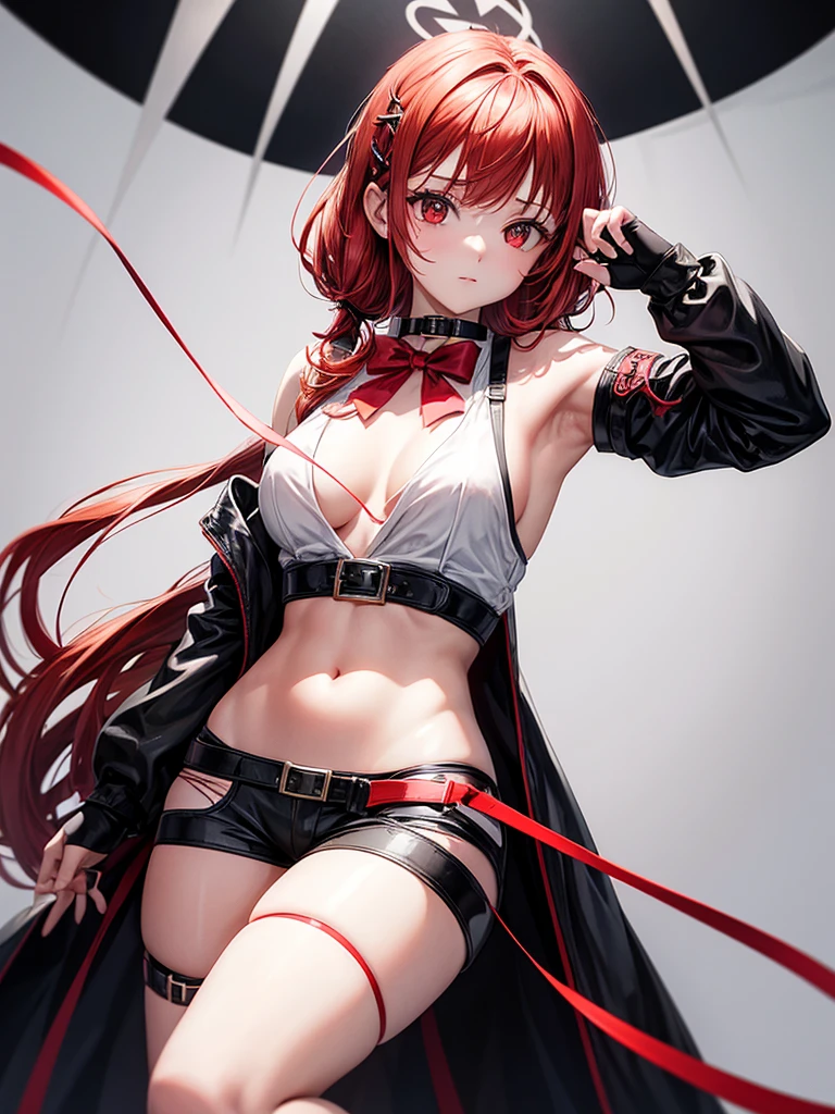 young woman with long white and red hair with two hairpins at the right side and a bow tie with two bells, tied at the end of the hair. She has a gold circle object, placed on her chest and her face, left arm, stomach and both of her legs have red lines. The red lines are said to be cracks or scars or both. At her right side, she has two floating rings and one has two red lines at the top. She is wearing a white coat, black choker, black fingerless gloves, black crop top with the "R" symbol on the center, black shorts held by a black belt and a silver buckle, black thigh-high socks, black strap at her left thigh, black and white shoes and a cast at her right hand. She has casts at both of her arms.