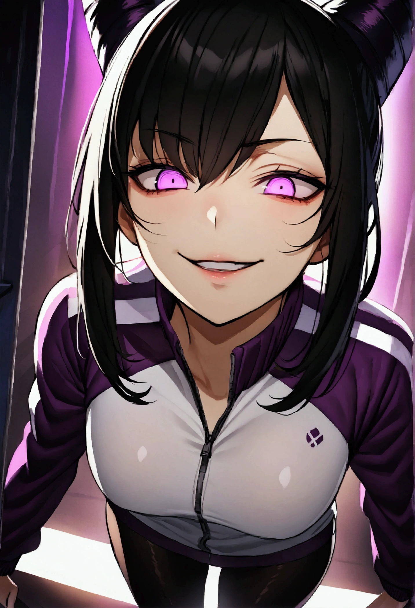 dark eye shadow,shining eyes,beautiful young fitness woman with , in a gym wearing May with black pantyhose, tight white and purple gym jacket. standing alone,hair horns,glowing purple eyes,Evil smile,legging preto ,labiaa,dark eye shadow,shining eyes,close up