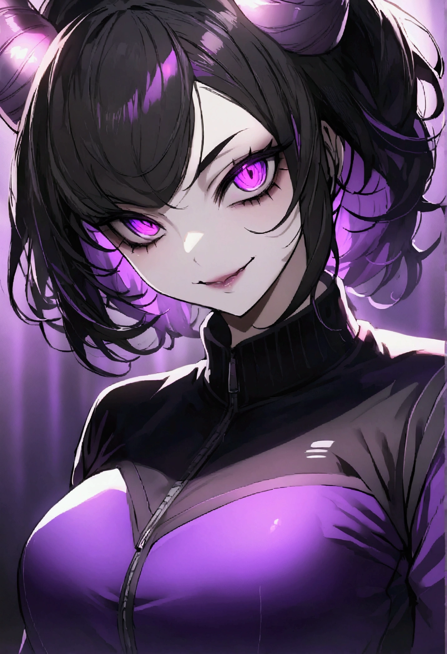 dark eye shadow,shining eyes,beautiful young fitness woman with , in a gym wearing May with black pantyhose, tight white and purple gym jacket. standing alone,hair horns,glowing purple eyes,Evil smile,legging preto ,labiaa,dark eye shadow,shining eyes,close up