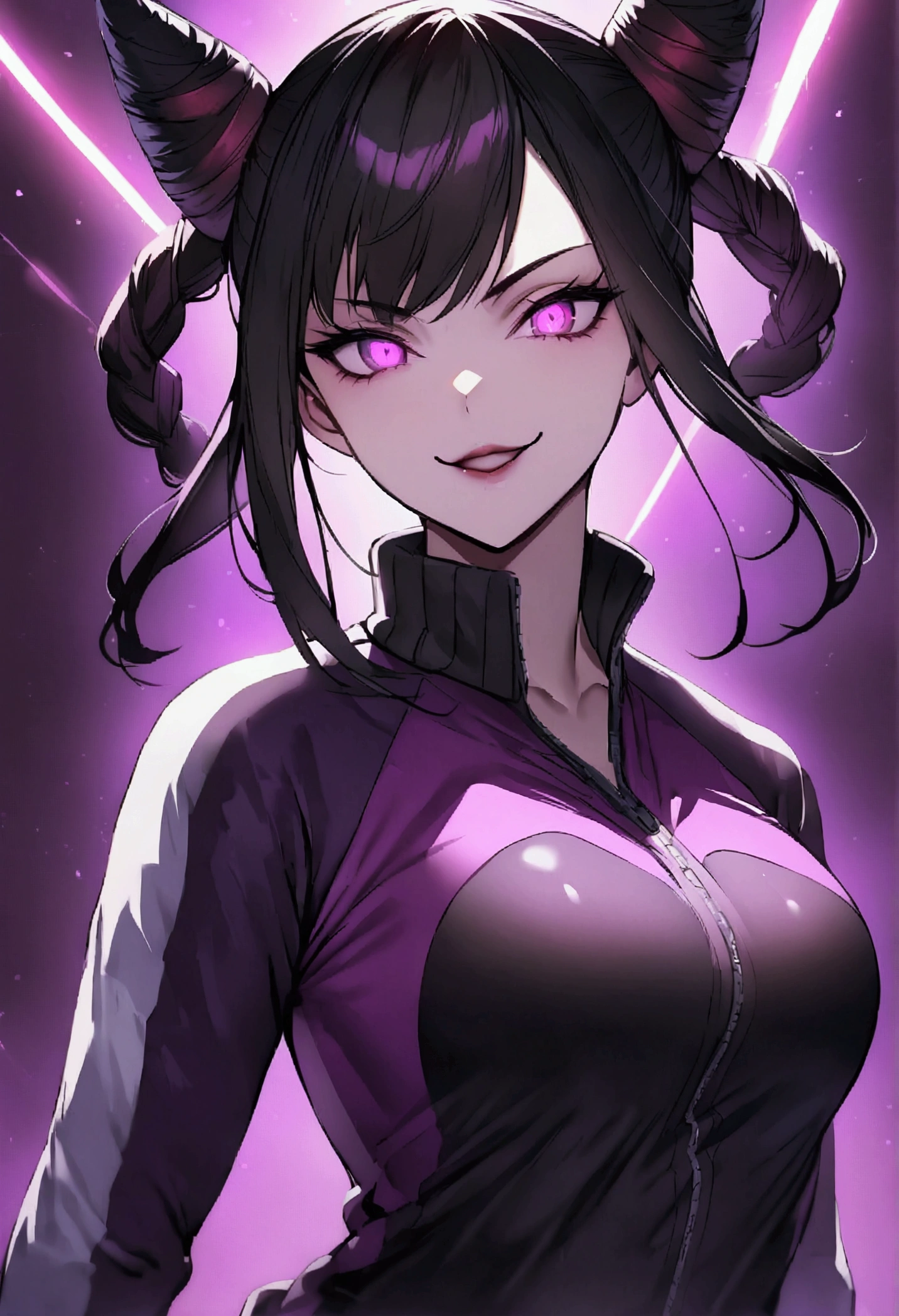 dark eye shadow,shining eyes,beautiful young fitness woman with , in a gym wearing May with black hose, tightpurple gym jacket. standing alone,hair horns,glowing purple eyes,Evil smile,legging preto ,labiaa,dark eye w,shining eyes,close up
