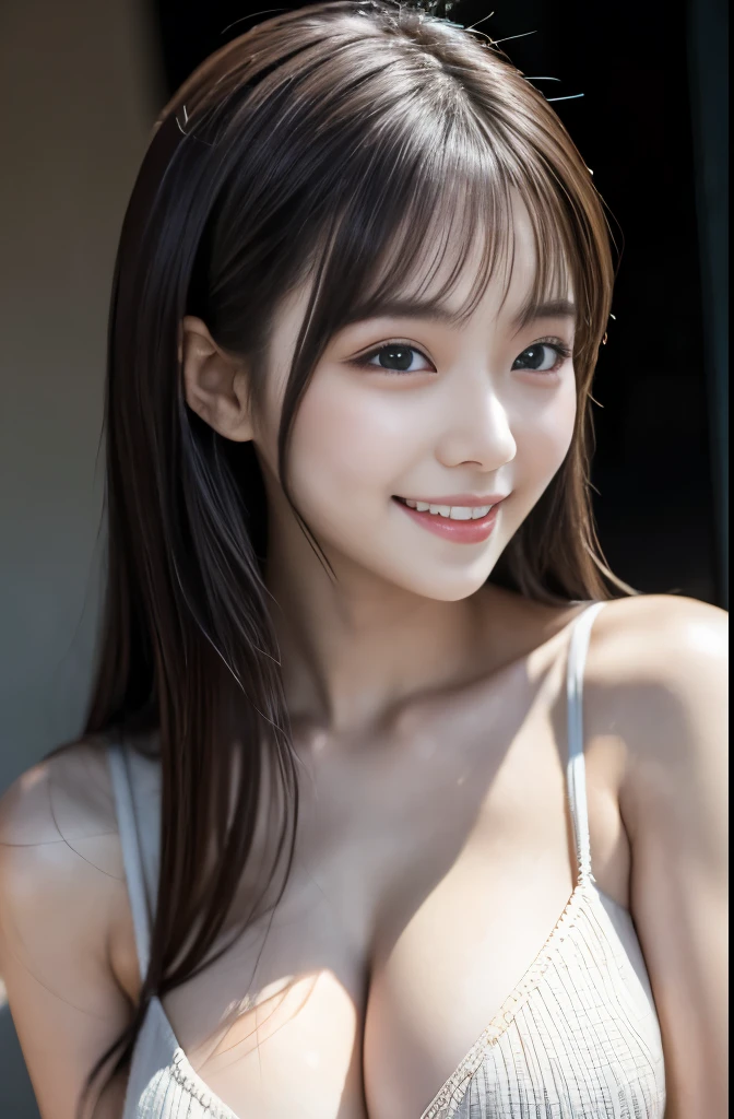 23-year-old woman, Chest Shot, Soft skin texture, Soft, sexy lips, Iris, Black Hair, Warm Background, Grin