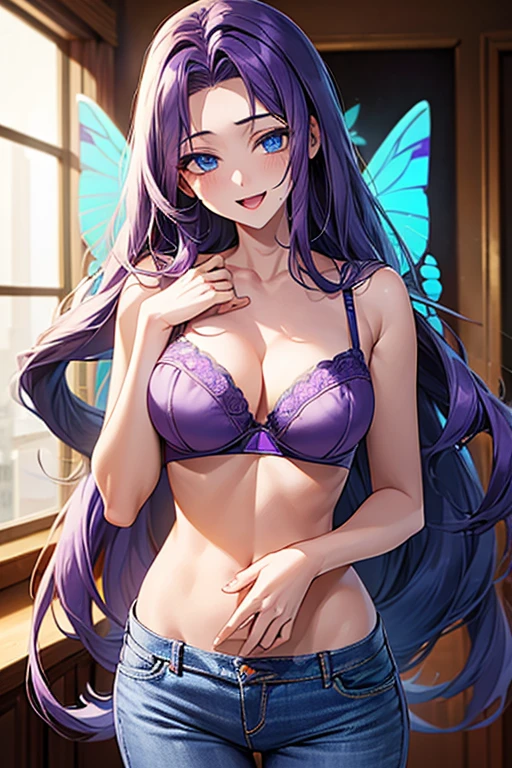 (((blue bra))), Very detailed、highest quality、Best image quality、masterpiece、8k、Anime Face、A kind smile、Open Mouth、(purple long hair:1.5)、big breast, sexy、 beautiful body 、Cowboy Shot, Sexual Intercourse, ((blue eyes)), hotel bedroom, (((Jeans))),(((butterfly wings))