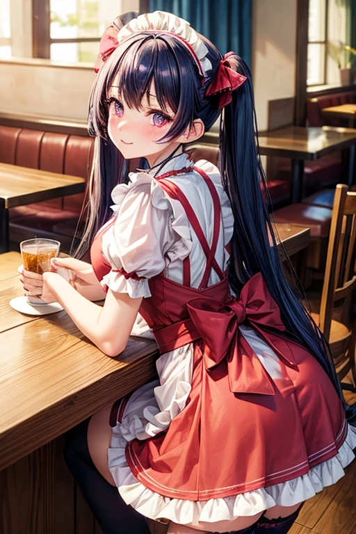One woman,Cafe Waitress,navy blue_hair,Deep pink eyes,Twin tails,big tail,Red and white lolita maid outfit,blush,Facing forward,is working