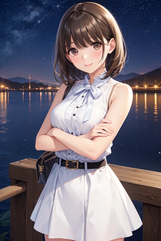 anegasaki nene、Shiny brown hair, short hair, (Beautiful brown eyes、Sparkling eyes, Fine grain)、smile、Ultra-detailed eyes、Highly detailed face, Highly detailed eyes,


One girl, alone,White sleeveless mini dress, belt, Realistic,  bangs, ribbon, View your viewers, lips, Upper Body, blush, 
Put your arms down,  break, Under the stars, Sea of stars, Detailed beautiful and fantastic night lake background, Thick Fog, cigarette, at night, Dynamic Angle ,