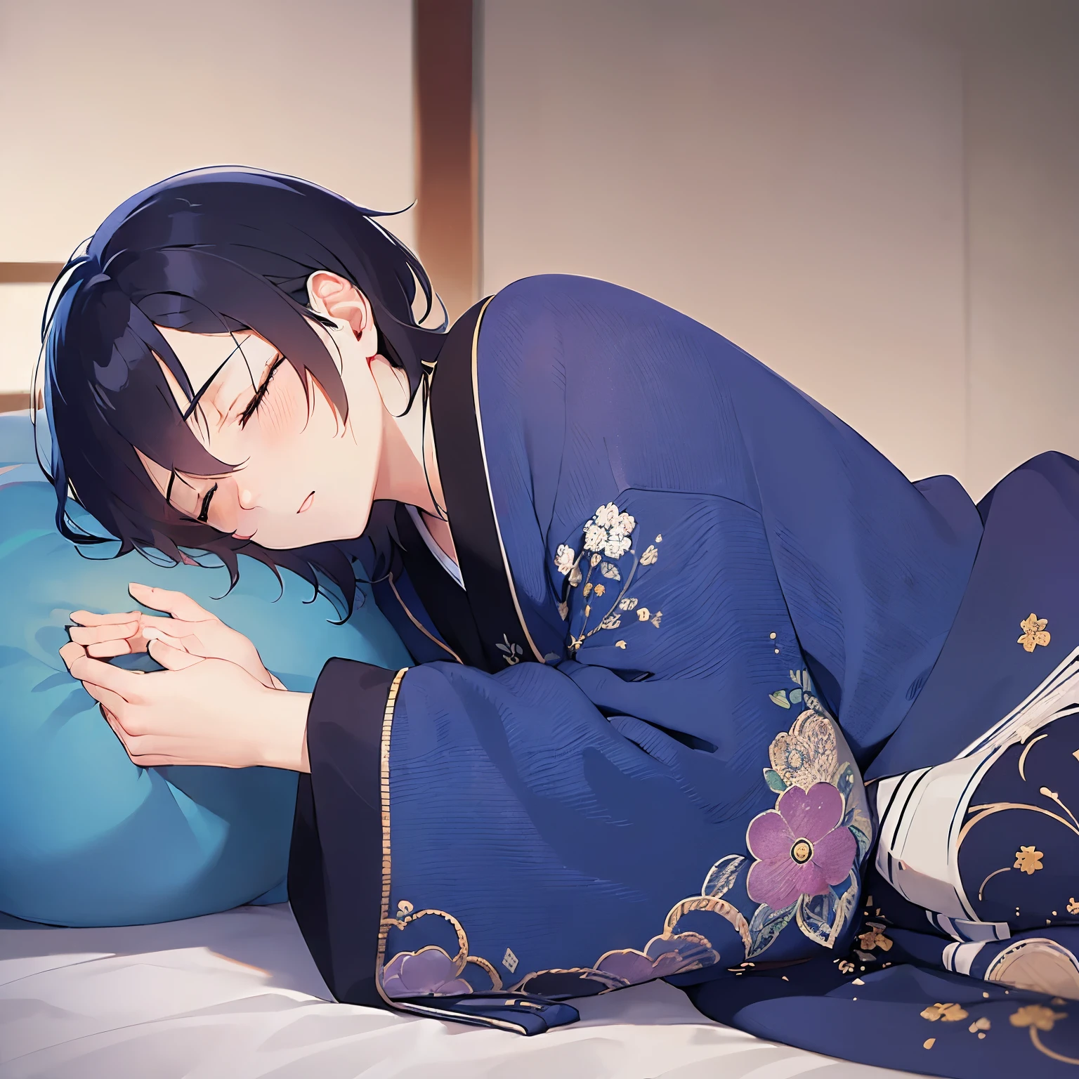 (25-year-old male:1.5) and(Black short hair) and (blue eyes), masterpiece、Highest quality、profile、（alone:1.5）
(Blue) and (yukata),Bad mood、(closed eyes:1.5),Sleeping on a futon、night、The background is a Japanese-style bedroom