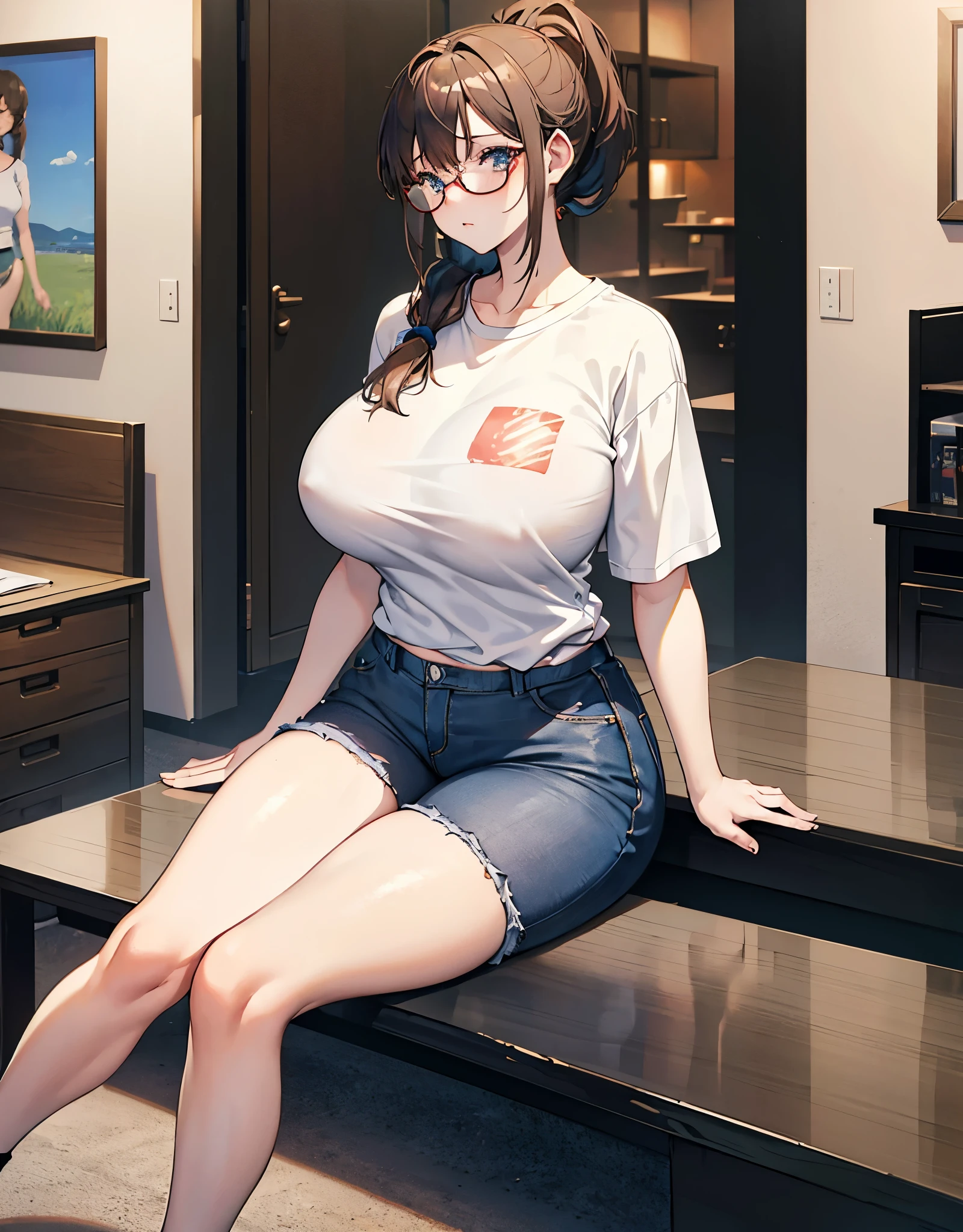 A gorgeous and distant girl，having a ponytail，wearing casual shirt and hot pants，thick thighs，fleshy thighs，revealing her thighs，big natural breasts，huge round breasts，busty young girl，supermodel figure，perfect body，teen，wearing glasses，sitting on the podium